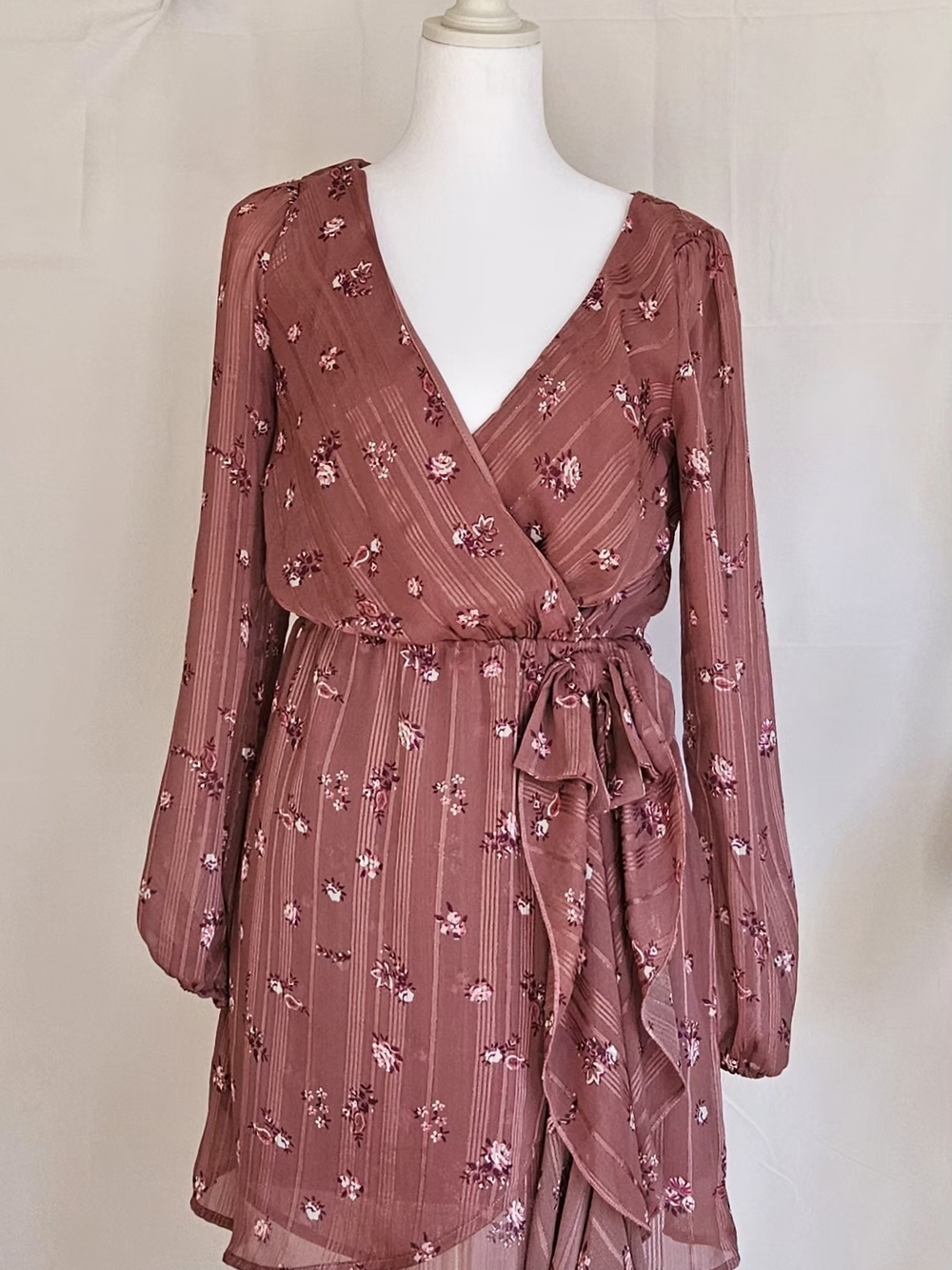 Altar'd State Mauve Floral Wrap Mini Dress Long Sleeve Cottagecore Size XS Lott - Picture 2 of 16